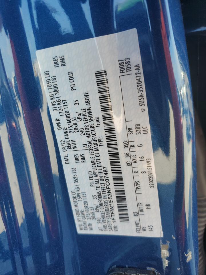 2022 Ford F150 Supercrew VIN: 1FTFW1E53NFC07487 Lot: 61240074