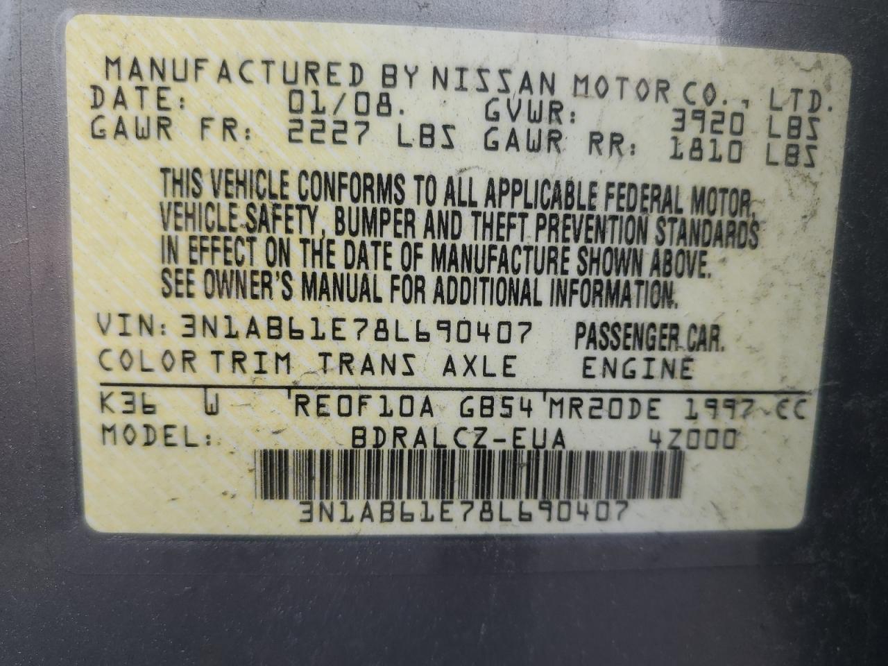 2008 Nissan Sentra 2.0 VIN: 3N1AB61E78L690407 Lot: 64394304