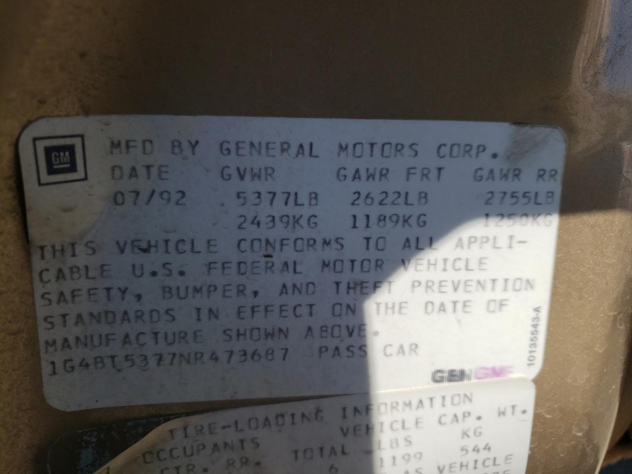 1992 Buick Roadmaster Limited VIN: 1G4BT5377NR473687 Lot: 61679284