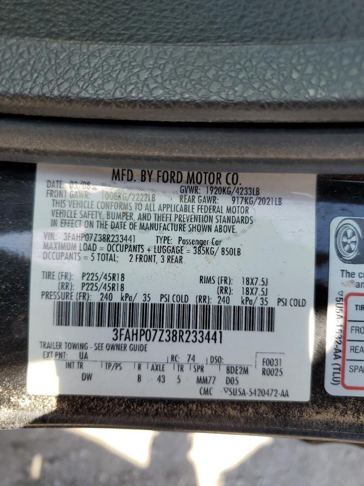 2008 Ford Fusion Se VIN: 3FAHP07Z38R233441 Lot: 63231354