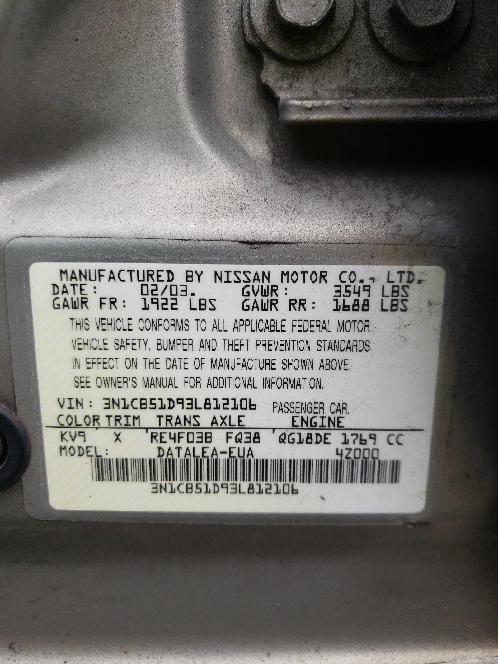 3N1CB51D93L812106 2003 Nissan Sentra Xe