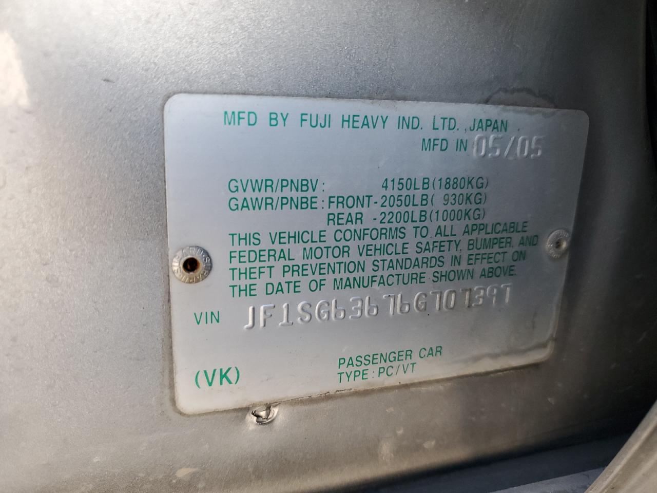 2006 Subaru Forester 2.5X VIN: JF1SG63676G707397 Lot: 65211504