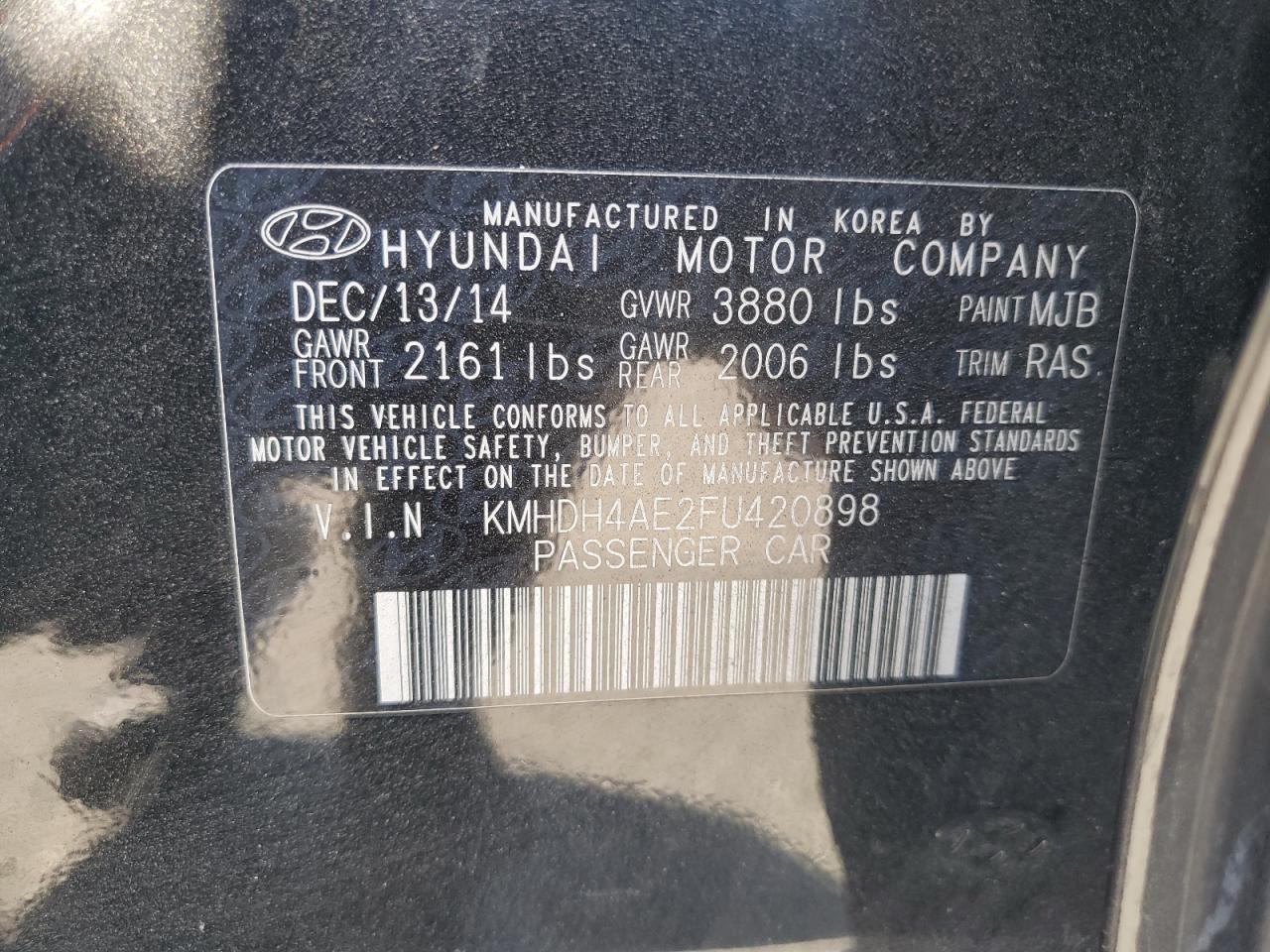 2015 Hyundai Elantra Se VIN: KMHDH4AE2FU420898 Lot: 65425984
