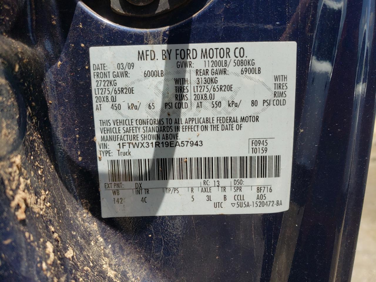 2009 Ford F350 Super Duty VIN: 1FTWX31R19EA57943 Lot: 58879934