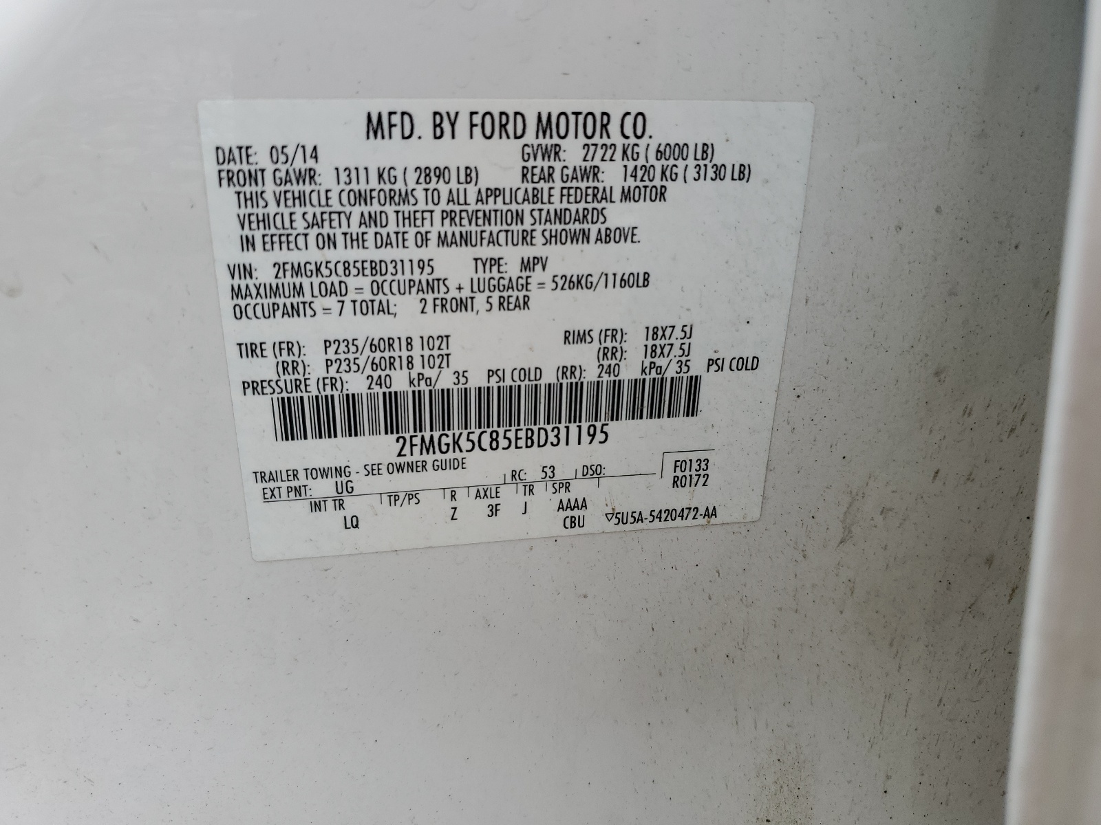 2FMGK5C85EBD31195 2014 Ford Flex Sel