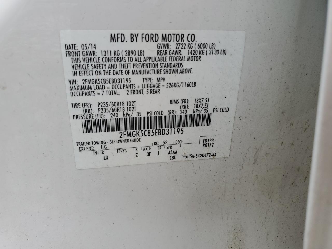 2014 Ford Flex Sel VIN: 2FMGK5C85EBD31195 Lot: 61706304