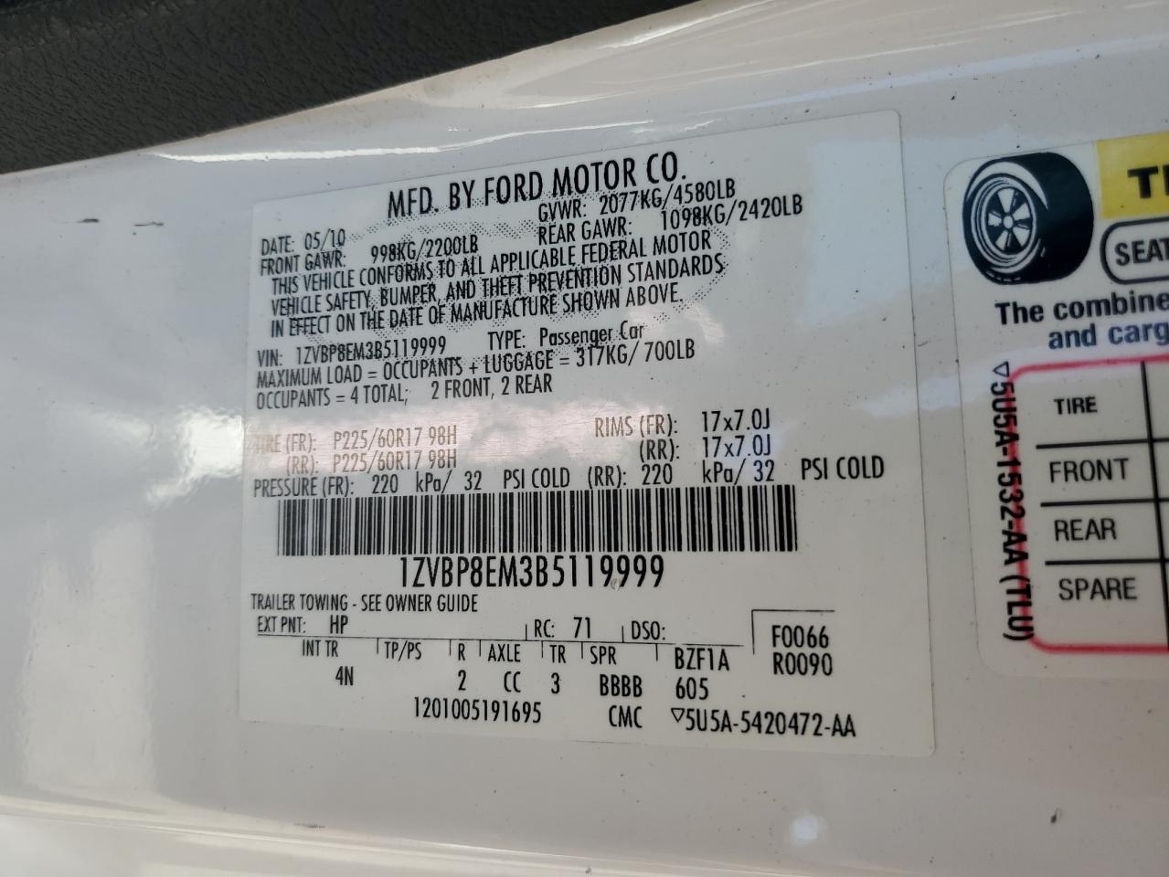 2011 Ford Mustang VIN: 1ZVBP8EM3B5119999 Lot: 62193934