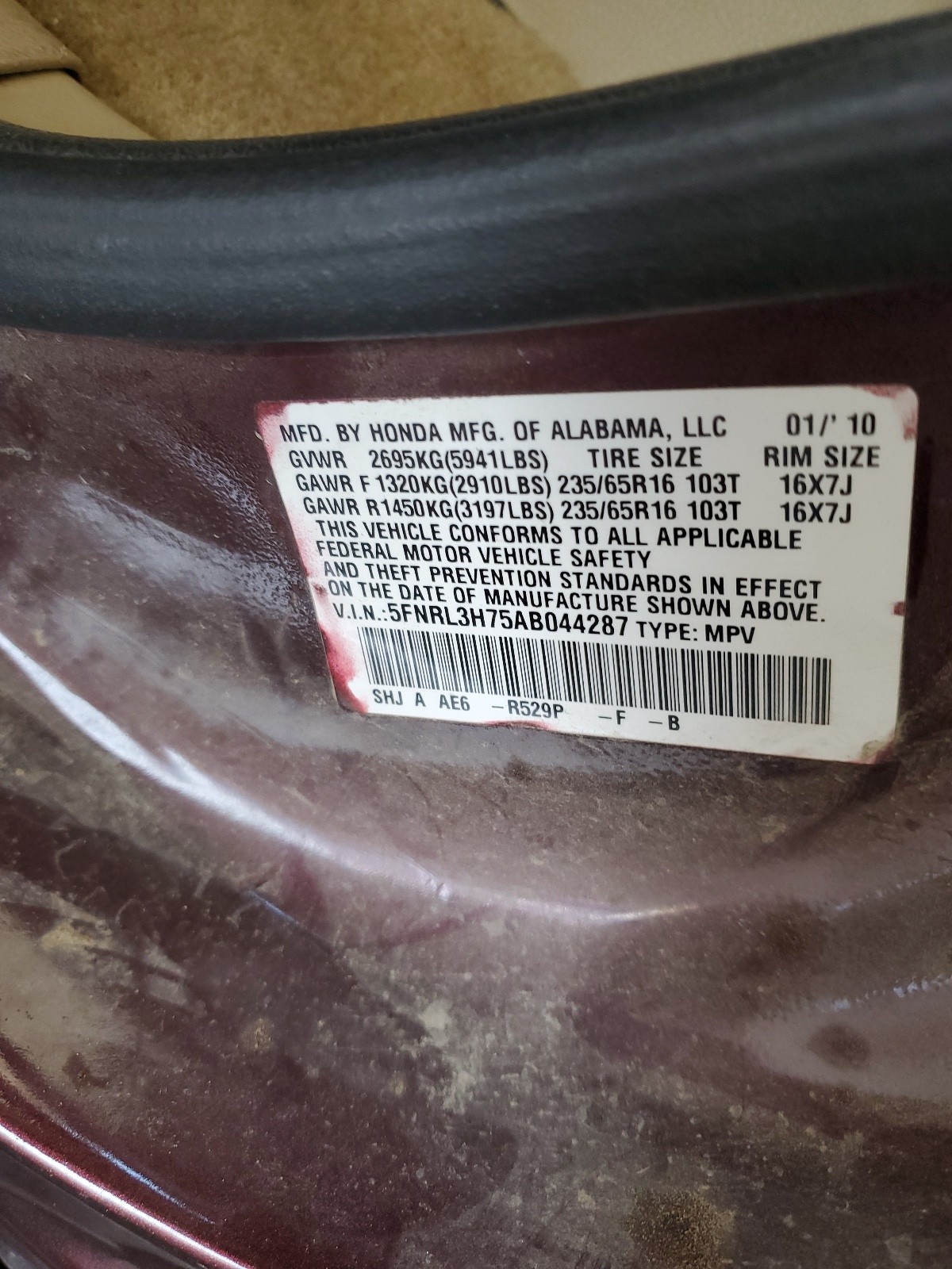 5FNRL3H75AB044287 2010 Honda Odyssey Exl