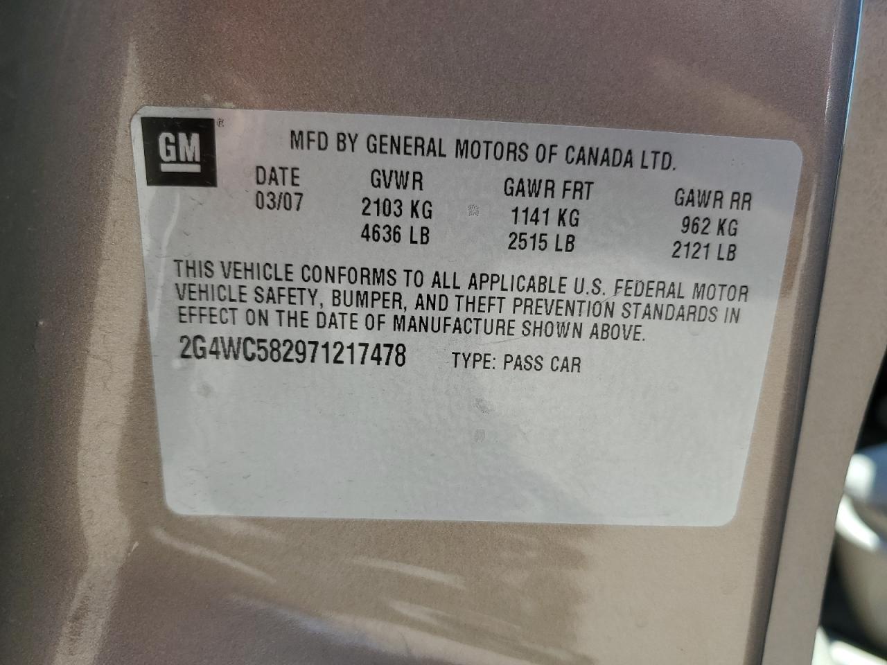 2007 Buick Lacrosse Cx VIN: 2G4WC582971217478 Lot: 62626094