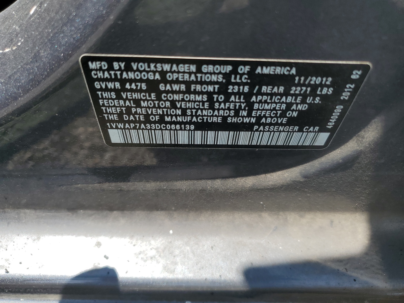 1VWAP7A33DC066139 2013 Volkswagen Passat S