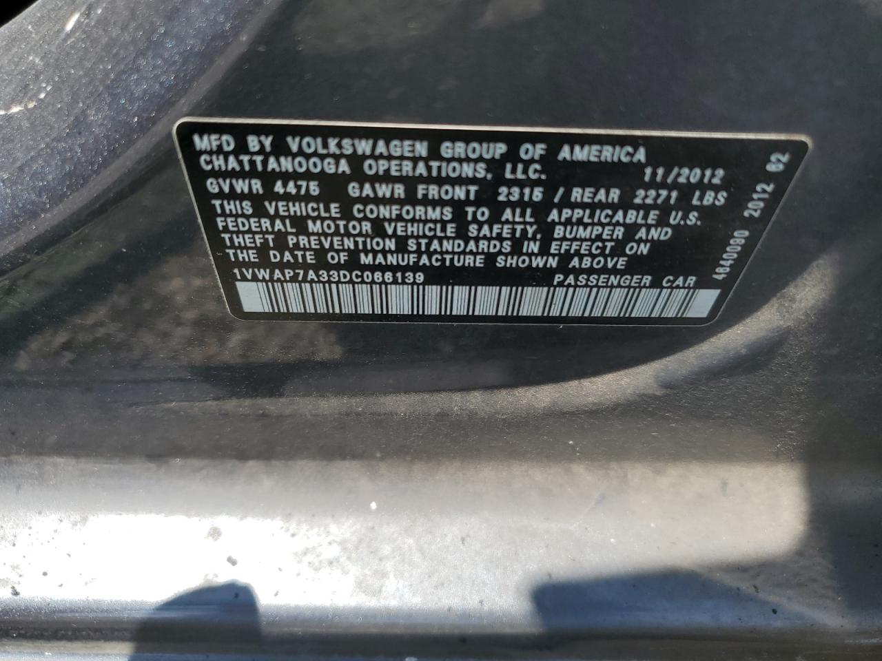 2013 Volkswagen Passat S VIN: 1VWAP7A33DC066139 Lot: 63590834