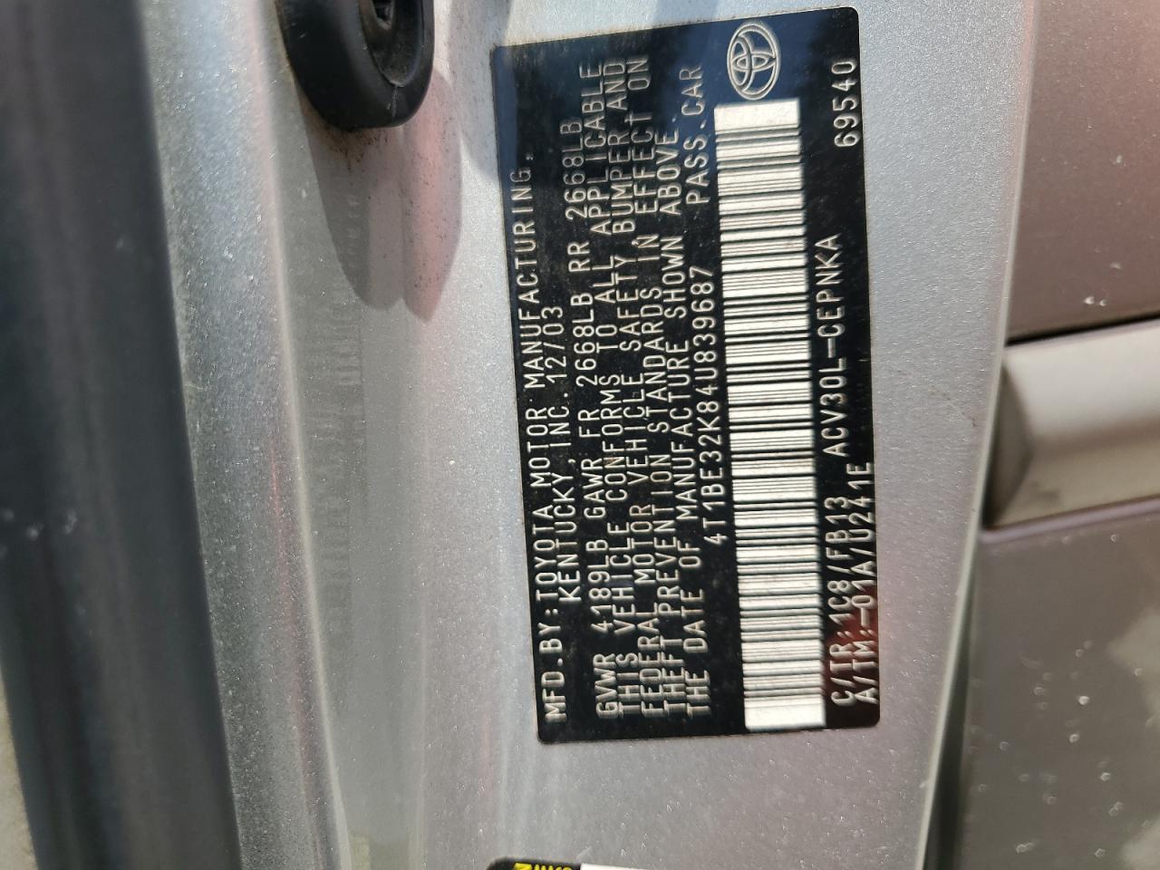 2004 Toyota Camry Le VIN: 4T1BE32K84U839687 Lot: 65134614