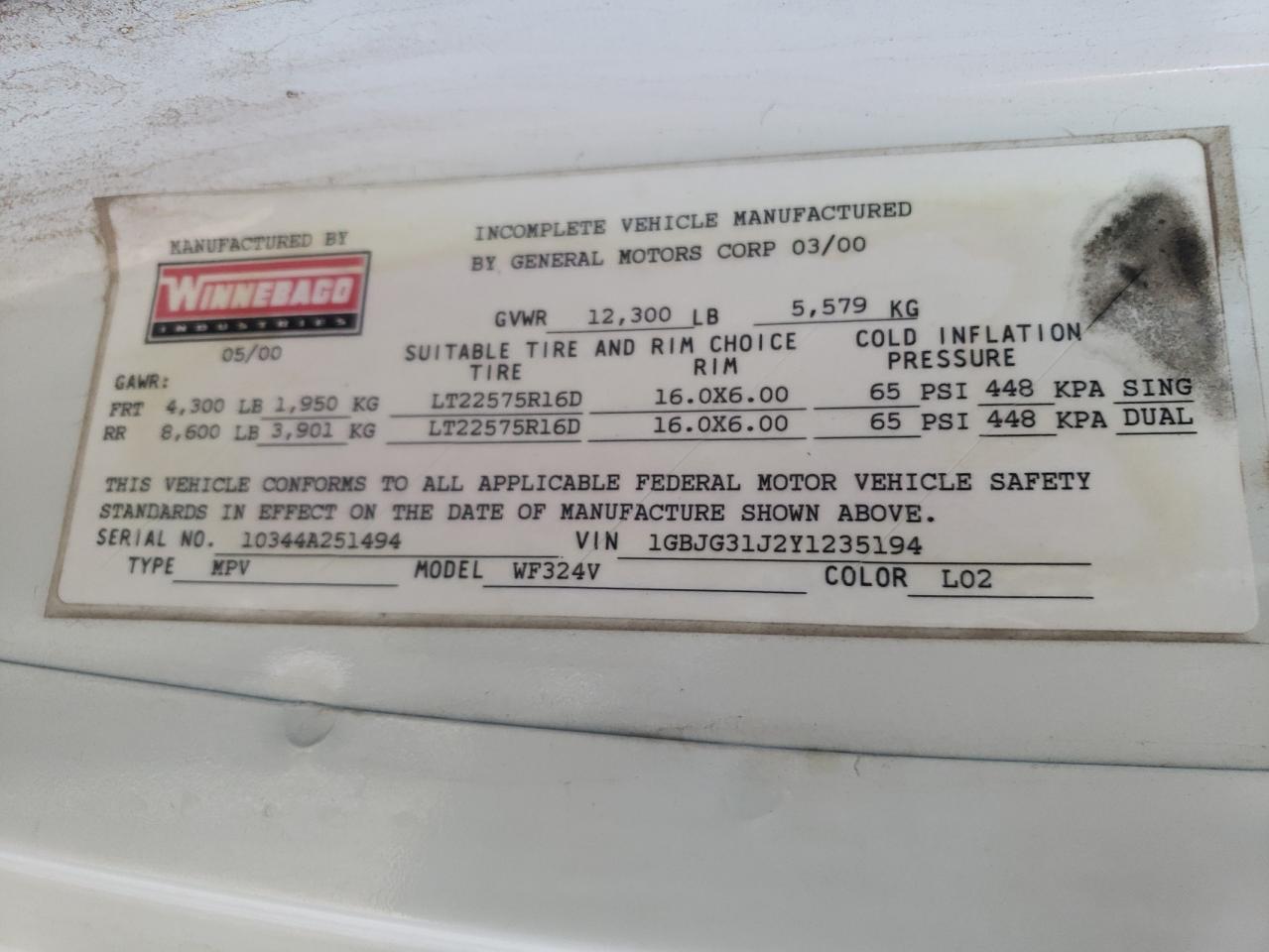 2000 Chevrolet Express G3500 VIN: 1GBJG31J2Y1235194 Lot: 61195464