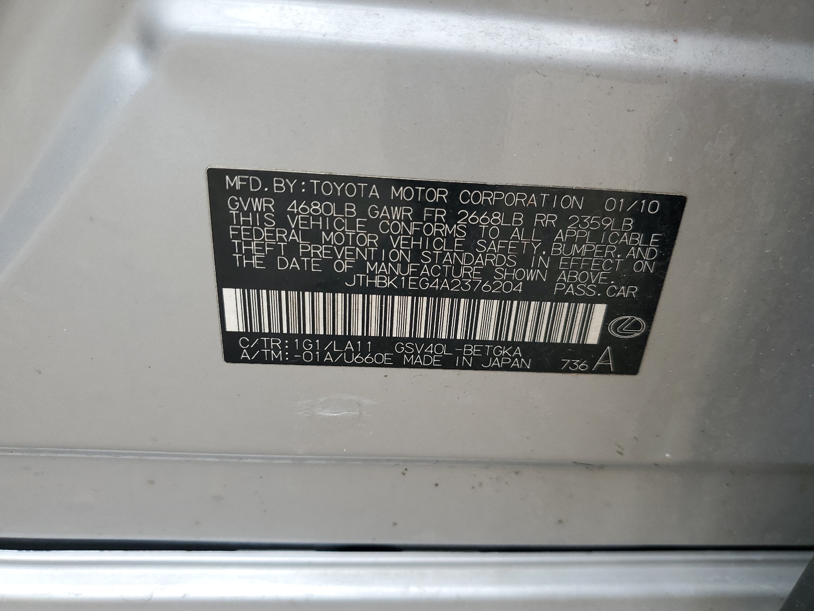 JTHBK1EG4A2376204 2010 Lexus Es 350