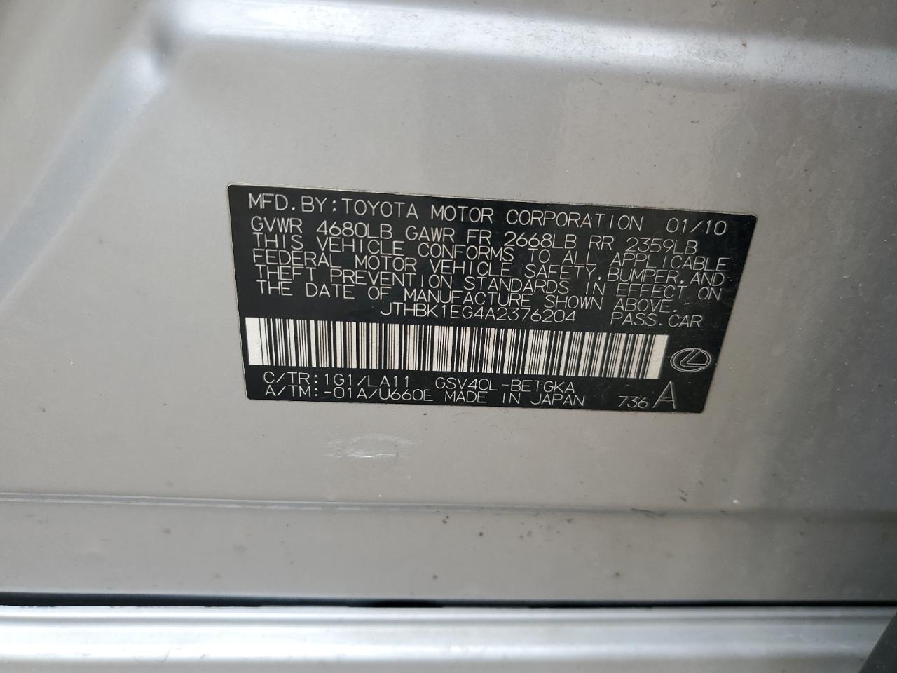 2010 Lexus Es 350 VIN: JTHBK1EG4A2376204 Lot: 63071434