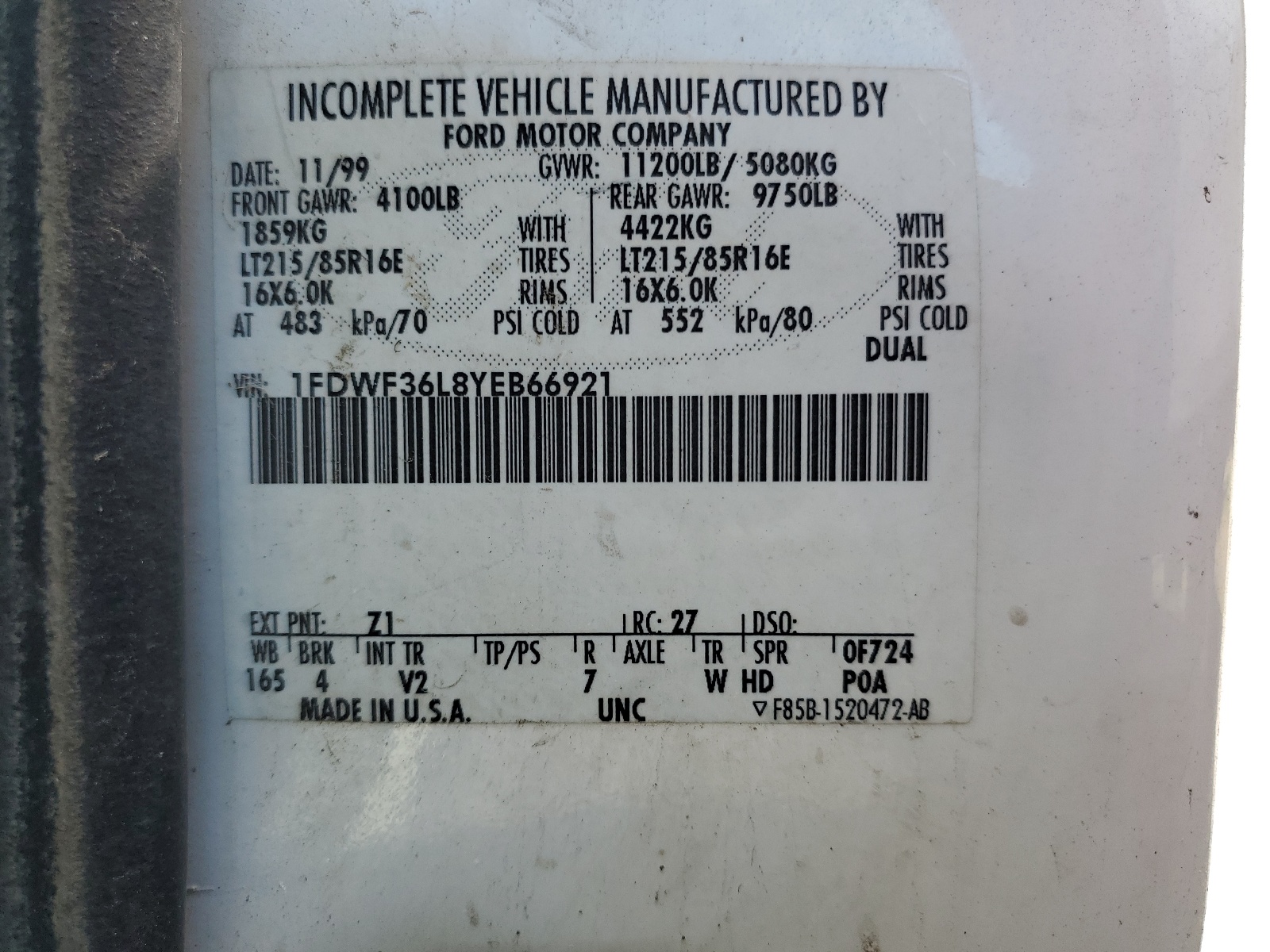 1FDWF36L8YEB66921 2000 Ford F350 Super Duty