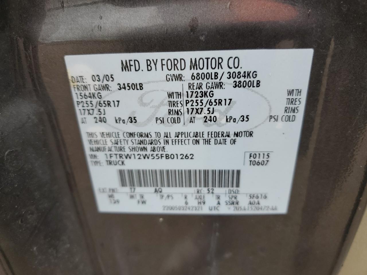 2005 Ford F150 Supercrew VIN: 1FTRW12W55FB01262 Lot: 65125424