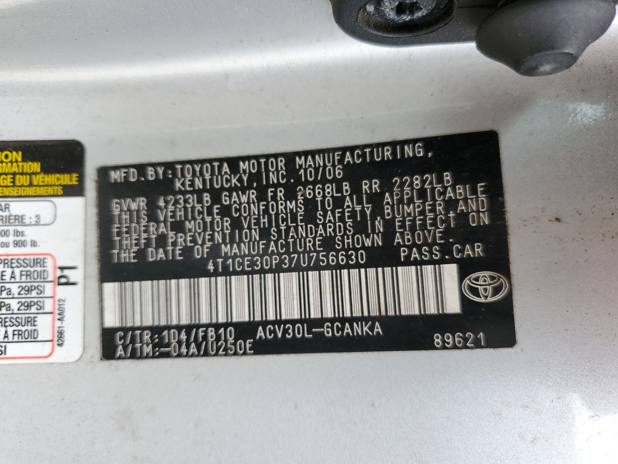 4T1CE30P37U756630 2007 Toyota Camry Solara Se