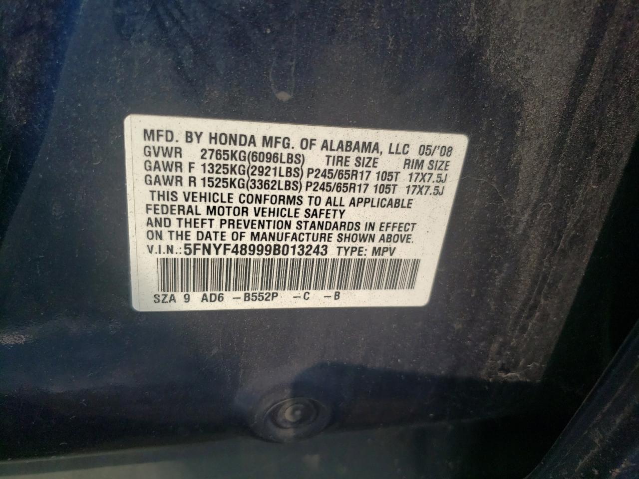 2009 Honda Pilot Touring VIN: 5FNYF48999B013243 Lot: 65474794