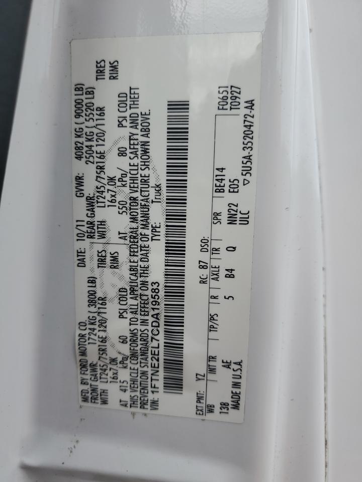 2012 Ford Econoline E250 Van VIN: 1FTNE2EL7CDA19583 Lot: 63150954