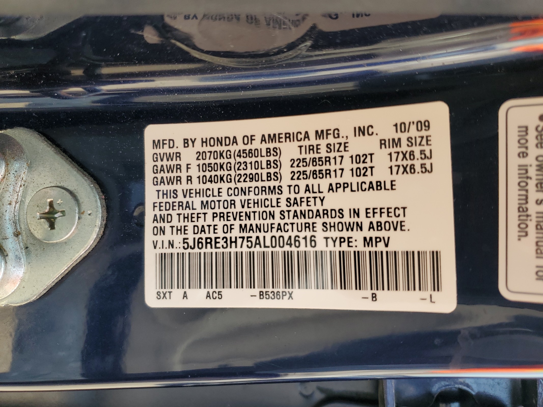 5J6RE3H75AL004616 2010 Honda Cr-V Exl