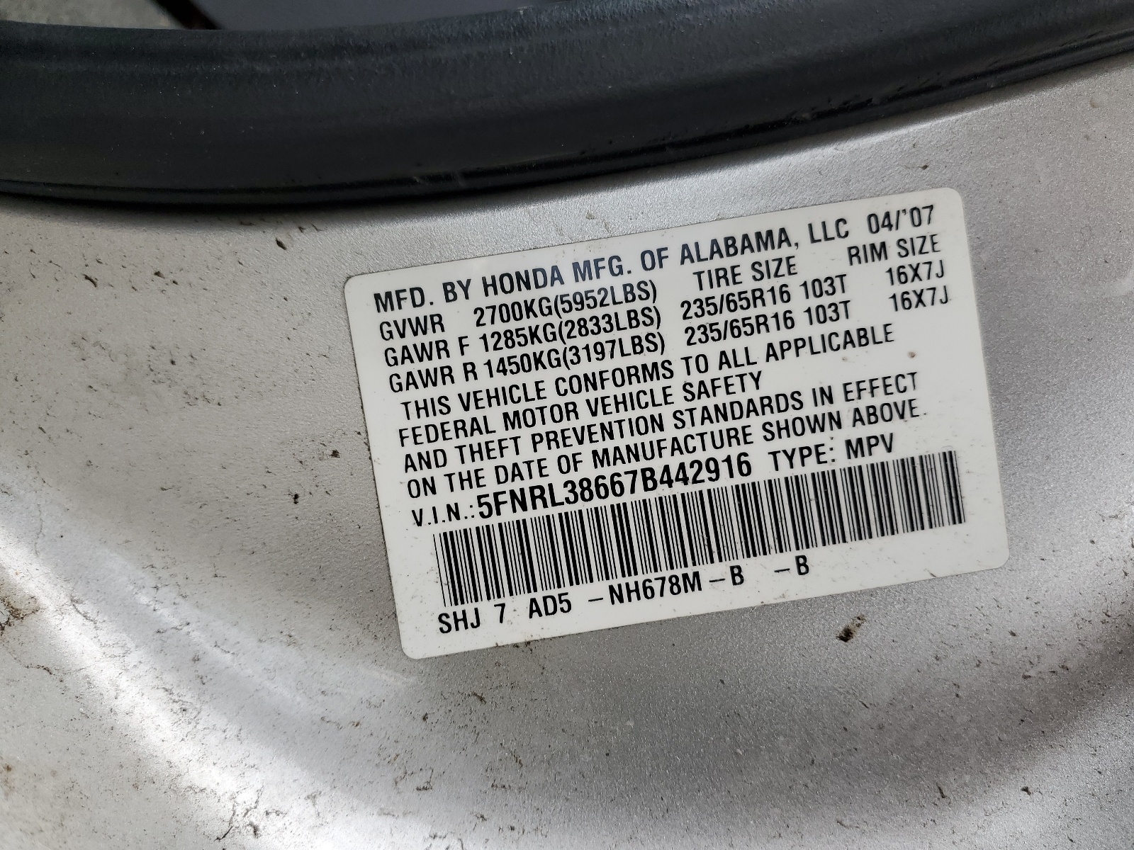 5FNRL38667B442916 2007 Honda Odyssey Exl