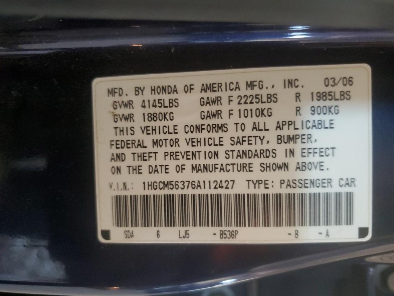 2006 Honda Accord Se VIN: 1HGCM56376A112427 Lot: 63860784