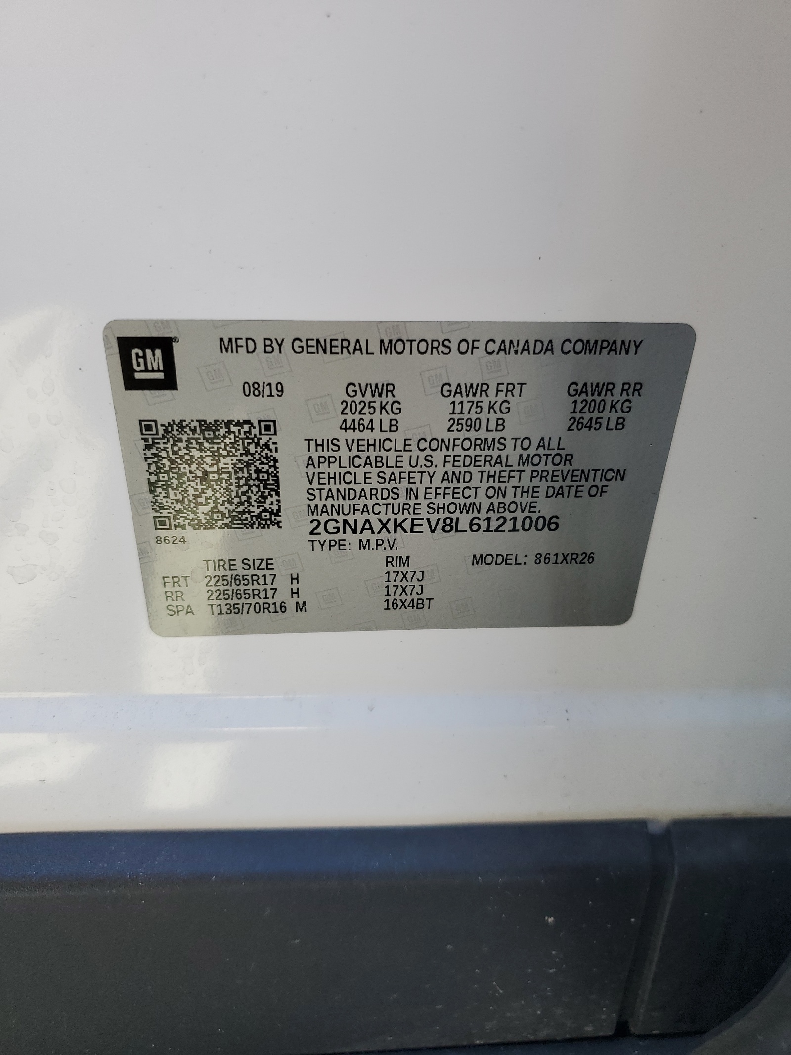 2GNAXKEV8L6121006 2020 Chevrolet Equinox Lt