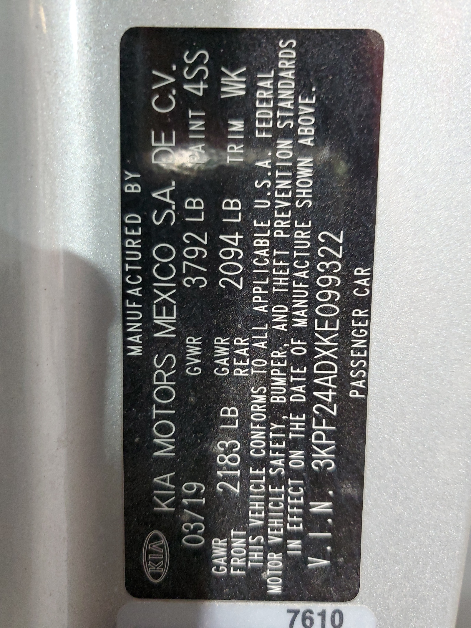 3KPF24ADXKE099322 2019 Kia Forte Fe