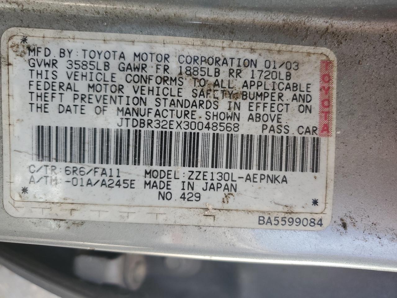 2003 Toyota Corolla Ce VIN: JTDBR32EX30048568 Lot: 89307205