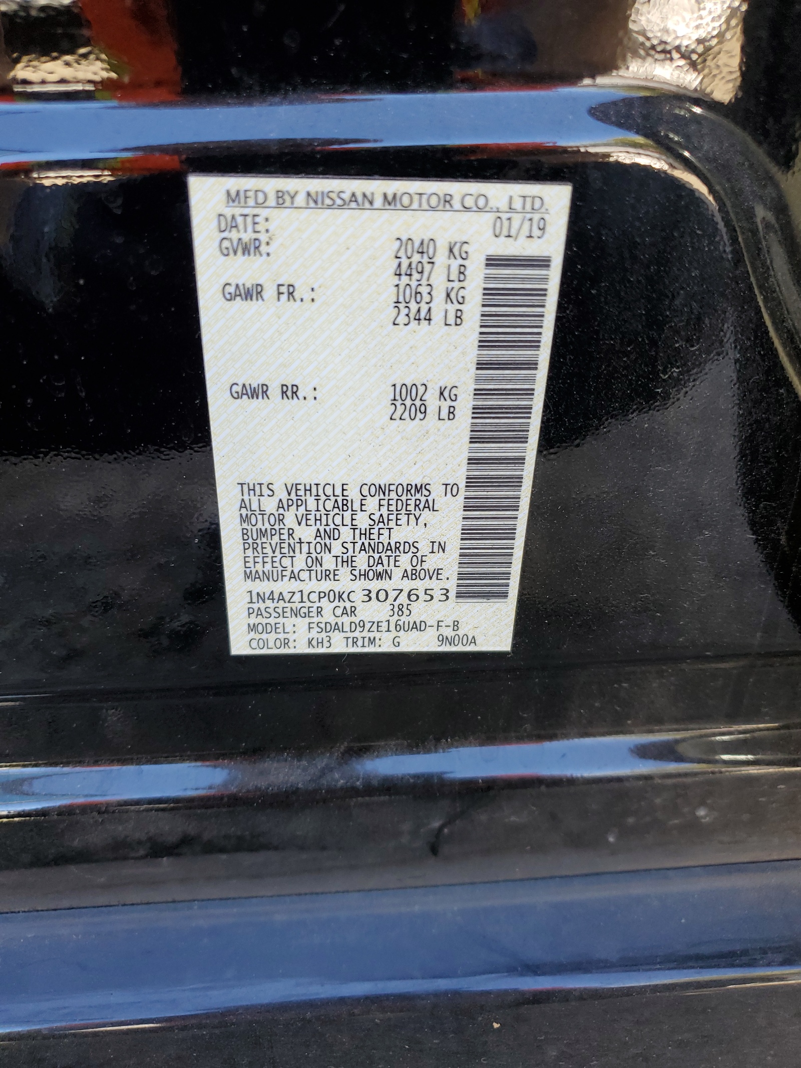 1N4AZ1CP0KC307653 2019 Nissan Leaf S