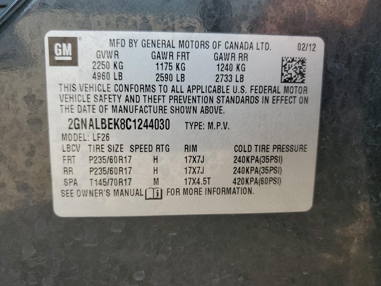 2012 Chevrolet Equinox Ls VIN: 2GNALBEK8C1244030 Lot: 62572614