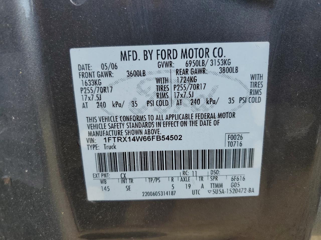 2006 Ford F150 VIN: 1FTRX14W66FB54502 Lot: 61906974