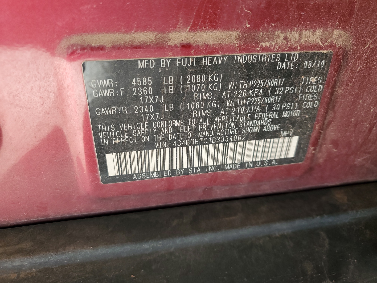 4S4BRBFC1B3334062 2011 Subaru Outback 2.5I Premium