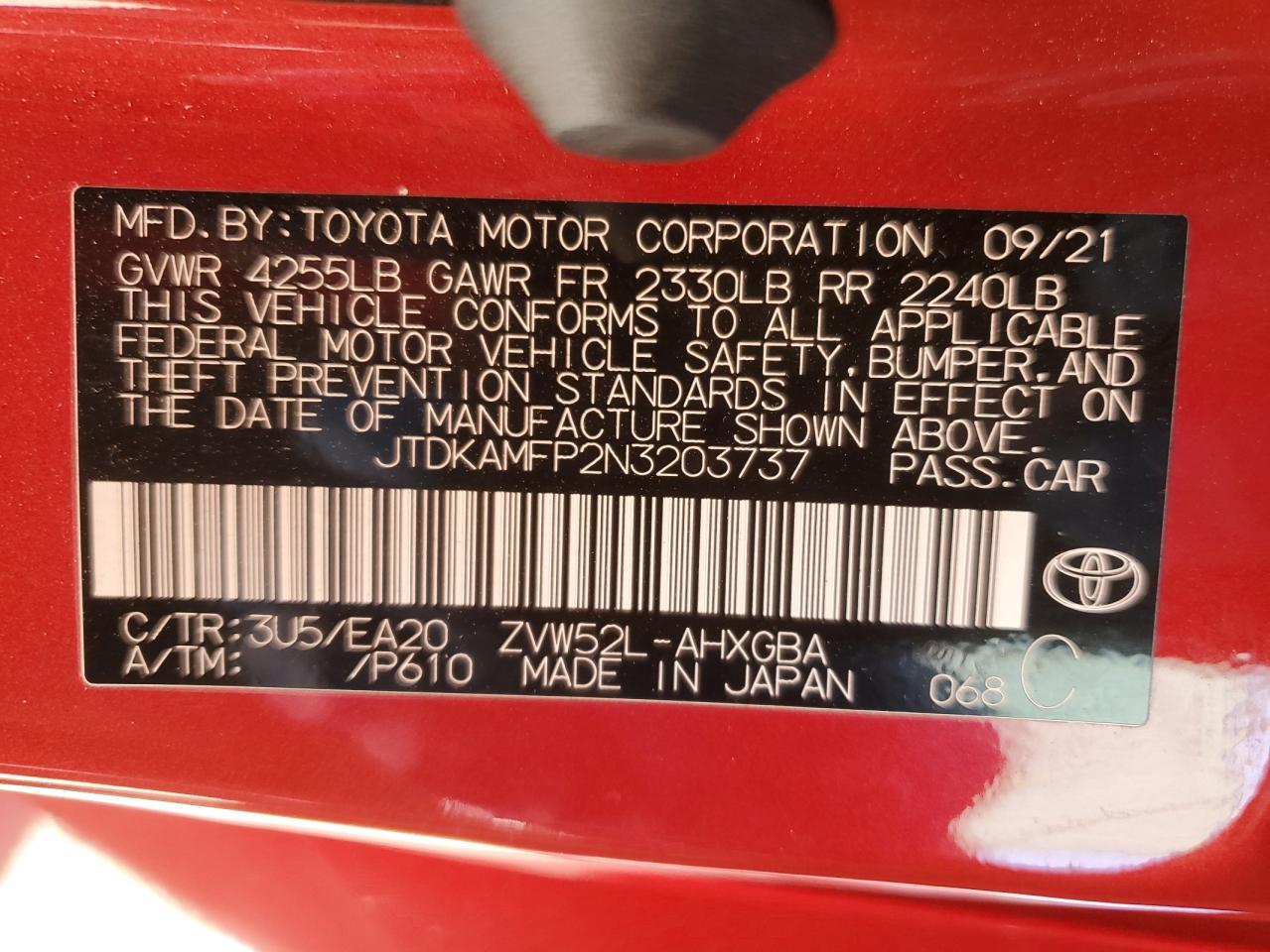 JTDKAMFP2N3203737 2022 Toyota Prius Prime Le