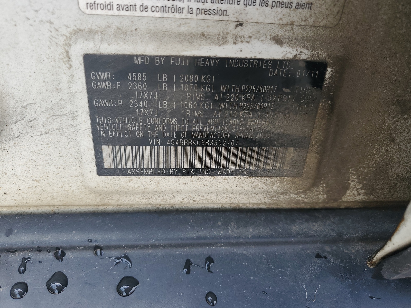 4S4BRBKC6B3392707 2011 Subaru Outback 2.5I Limited