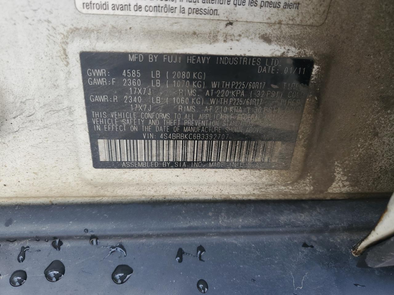 2011 Subaru Outback 2.5I Limited VIN: 4S4BRBKC6B3392707 Lot: 65060244