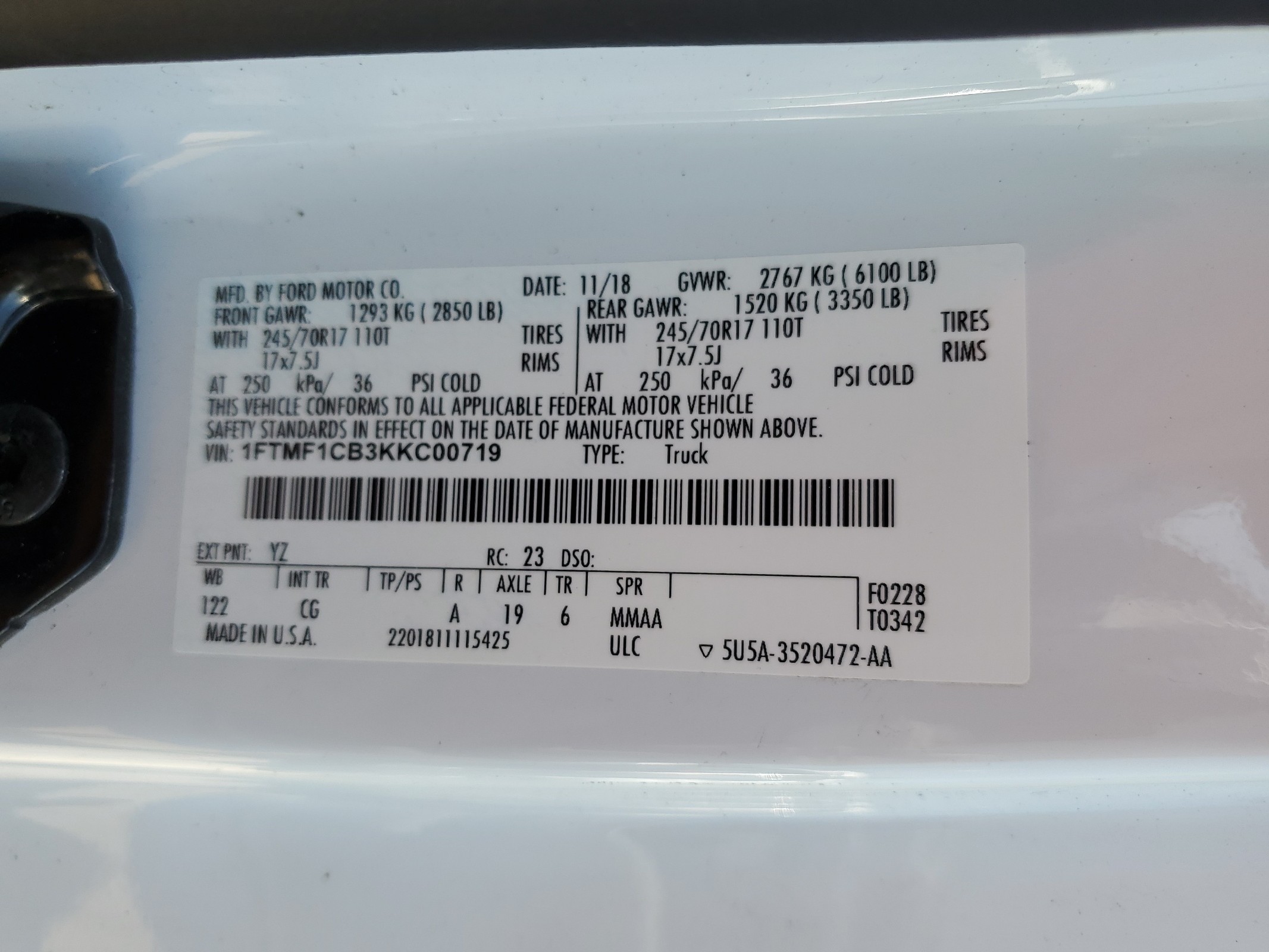 1FTMF1CB3KKC00719 2019 Ford F150