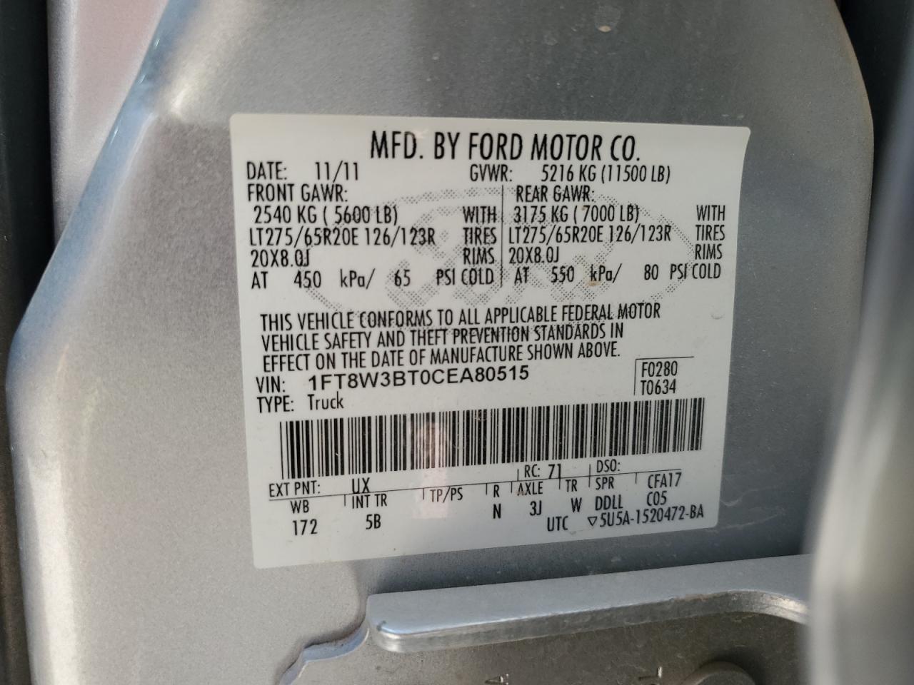 2012 Ford F350 Super Duty VIN: 1FT8W3BT0CEA80515 Lot: 60742174