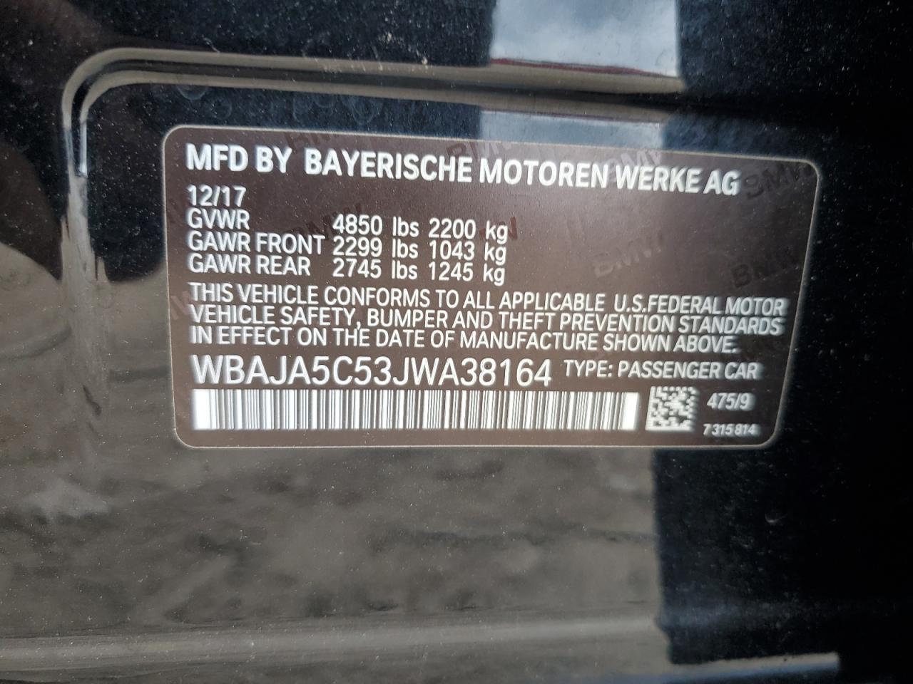 2018 BMW 530 I VIN: WBAJA5C53JWA38164 Lot: 64082144