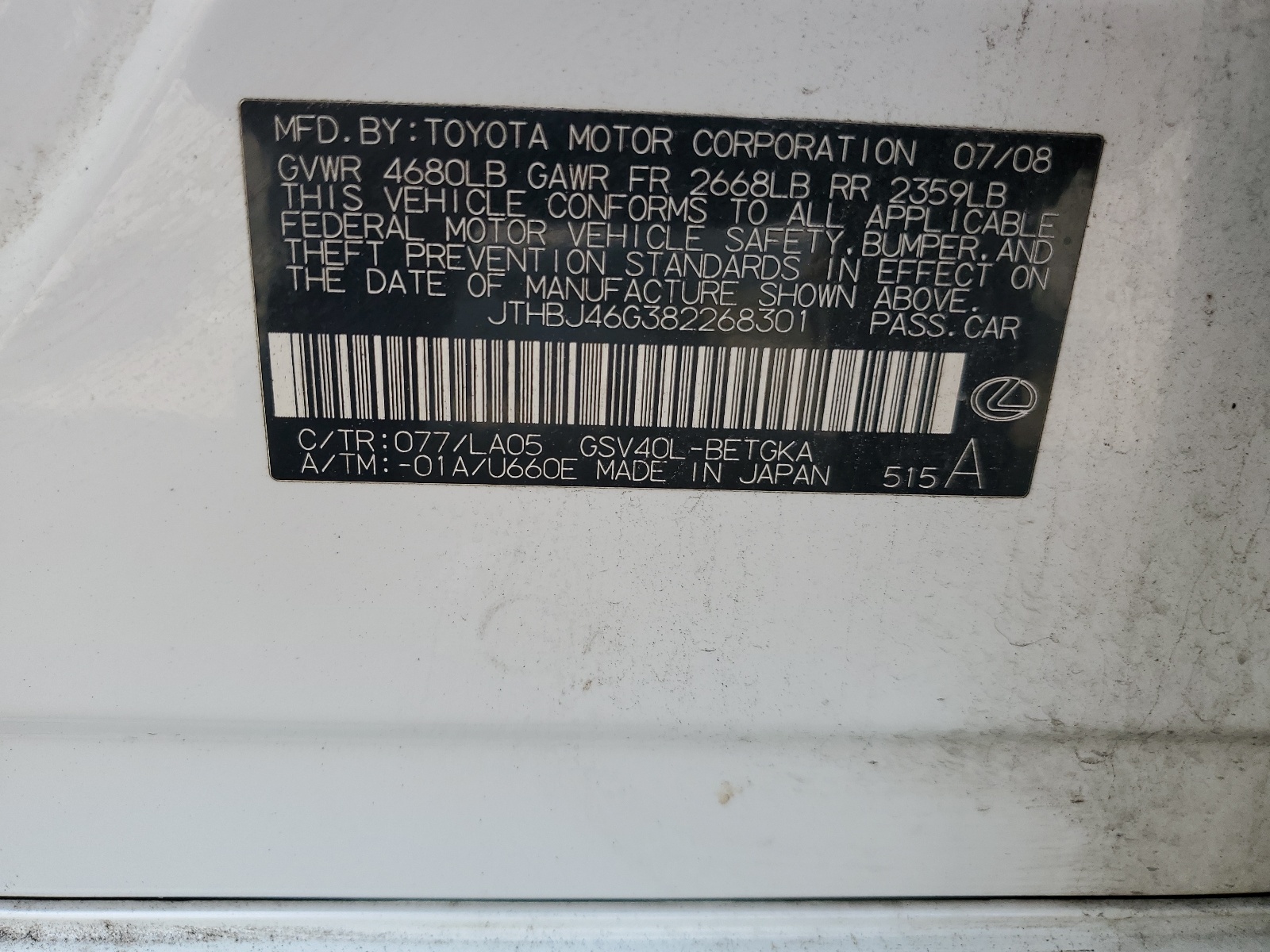 JTHBJ46G382268301 2008 Lexus Es 350