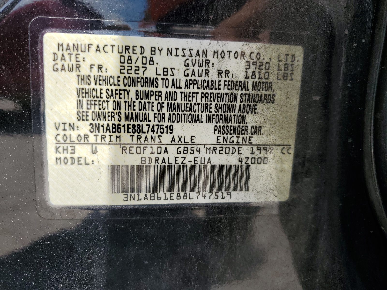 3N1AB61E88L747519 2008 Nissan Sentra 2.0