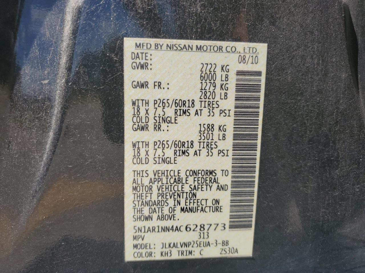 2010 Nissan Pathfinder S VIN: 5N1AR1NN4AC628773 Lot: 62797594