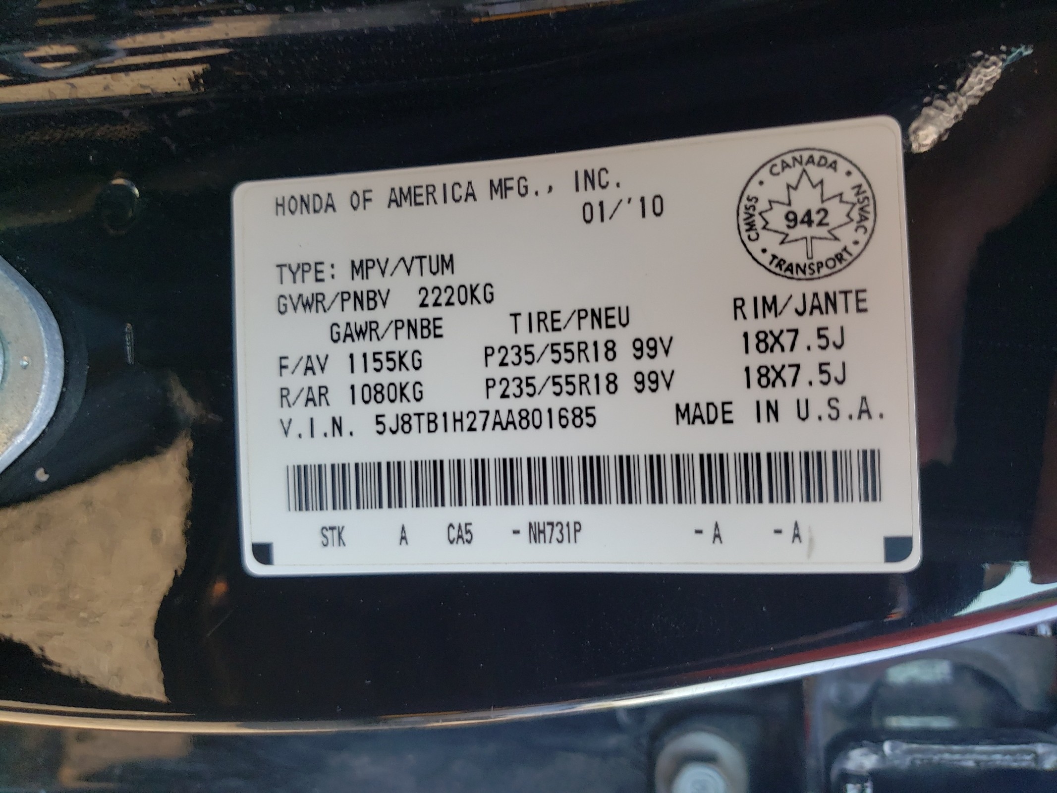 5J8TB1H27AA801685 2010 Acura Rdx