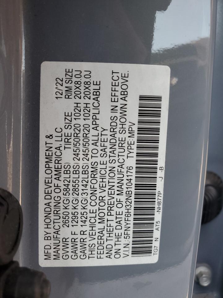 2022 Honda Pilot Sport VIN: 5FNYF6H32NB104176 Lot: 62538144