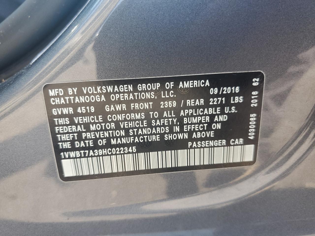 2017 Volkswagen Passat Se VIN: 1VWBT7A39HC022345 Lot: 63085364