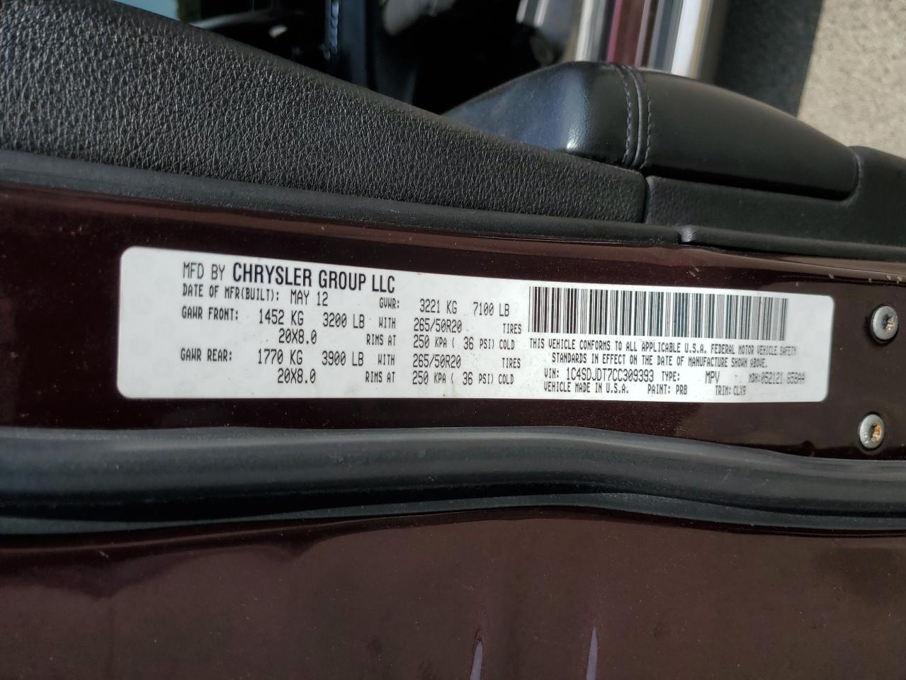 2012 Dodge Durango Crew VIN: 1C4SDJDT7CC309393 Lot: 64615794