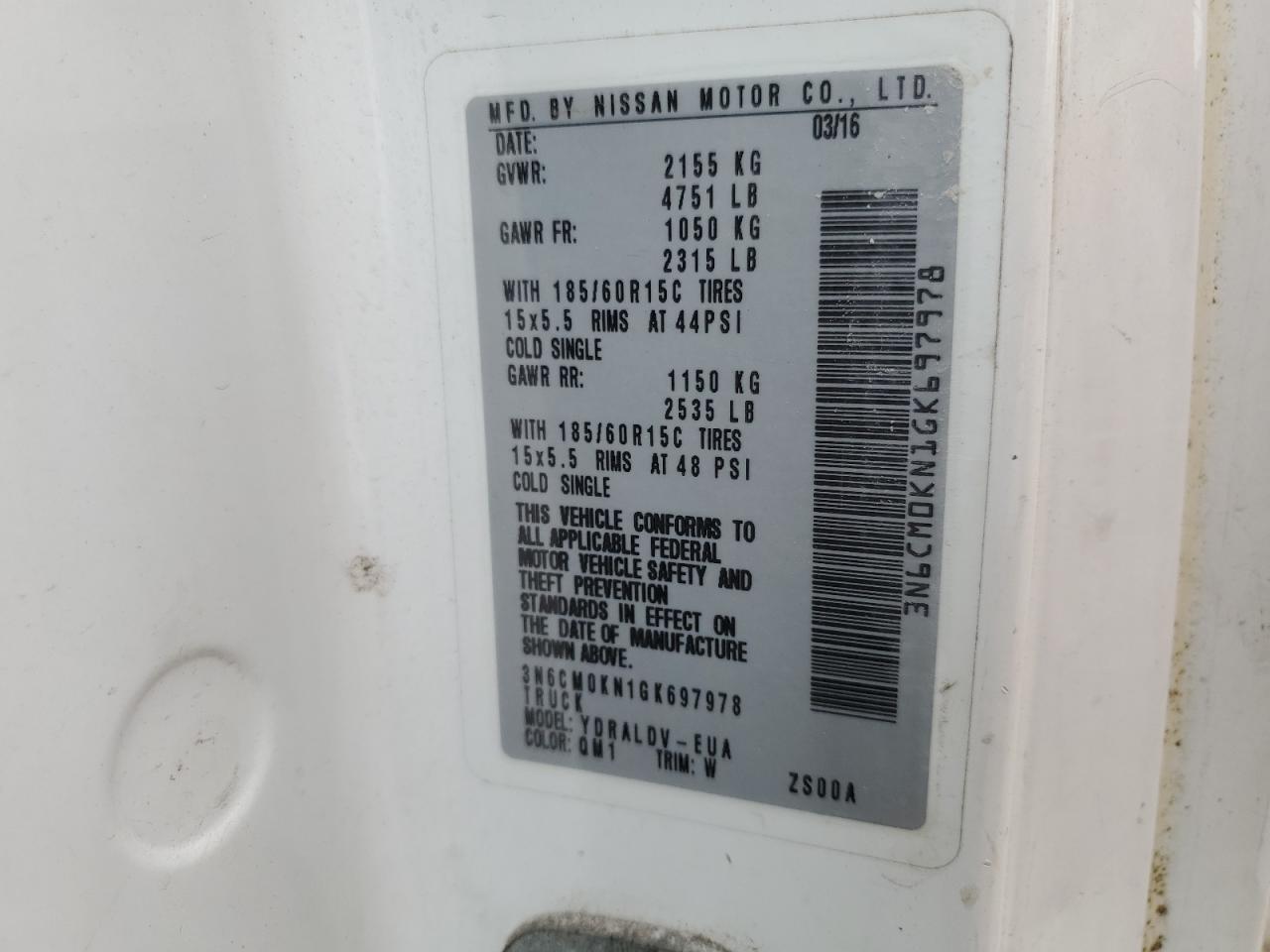 2016 Nissan Nv200 2.5S VIN: 3N6CM0KN1GK697978 Lot: 62106224