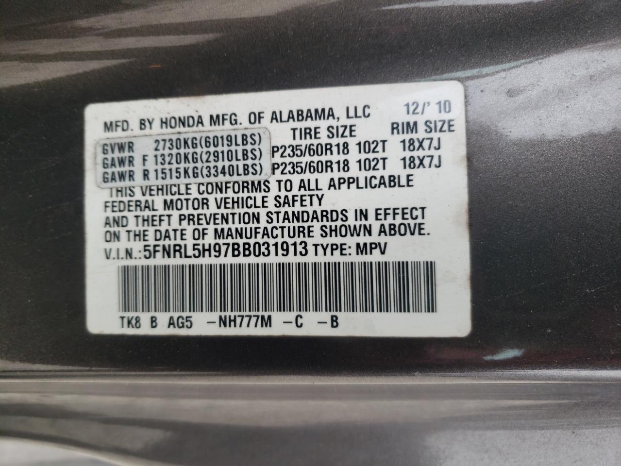 5FNRL5H97BB031913 2011 Honda Odyssey Touring