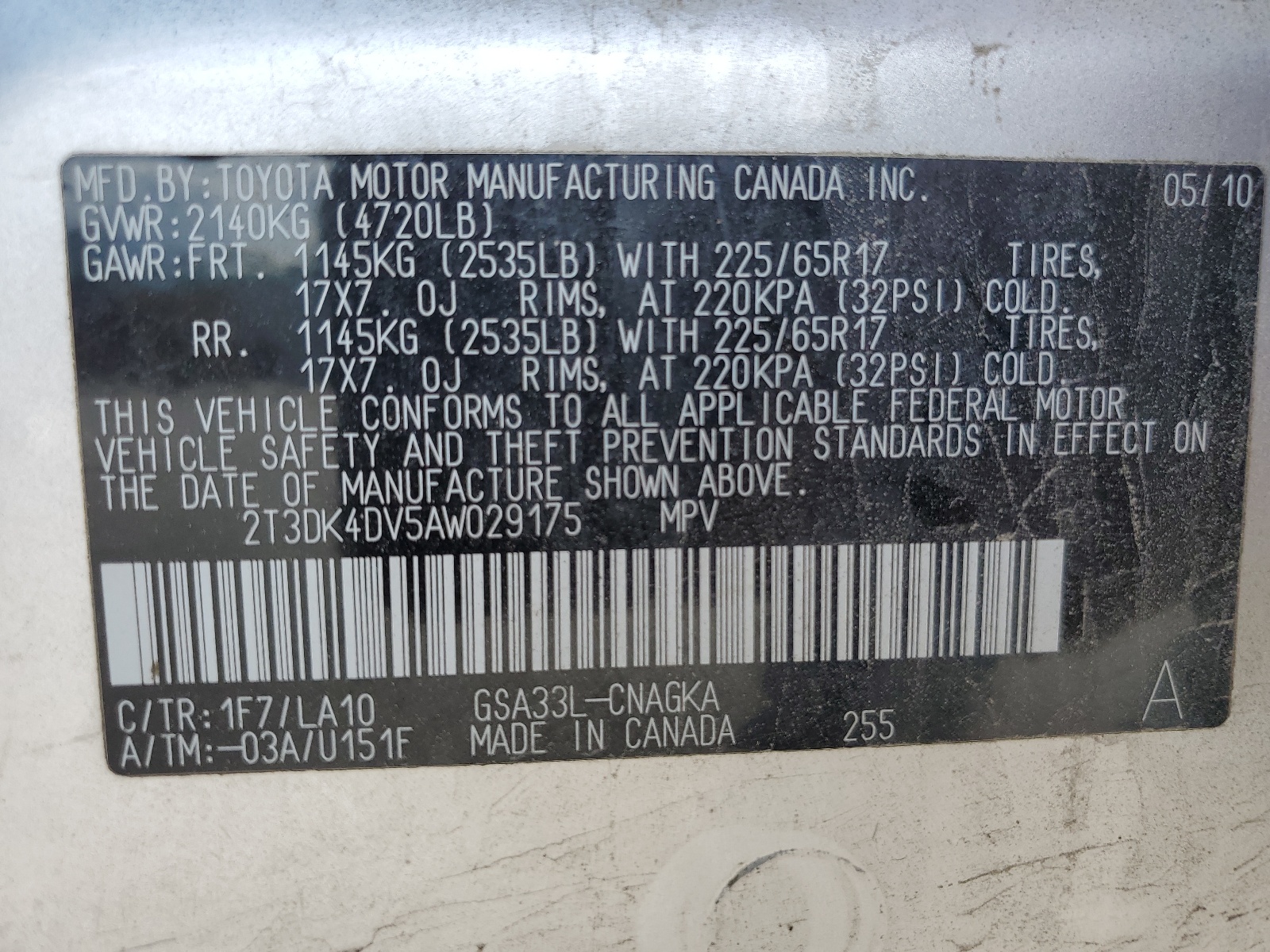 2T3DK4DV5AW029175 2010 Toyota Rav4 Limited